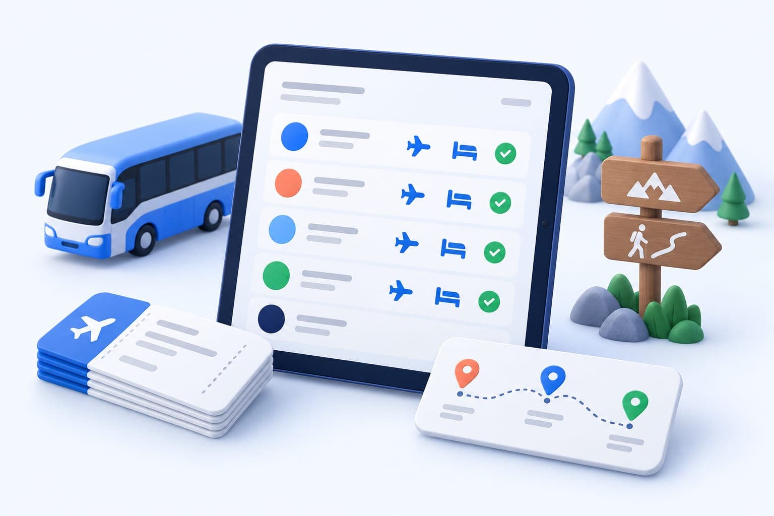 A group booking site A group travel organizer booking site with the group's bookings on a tablet and a multi city route