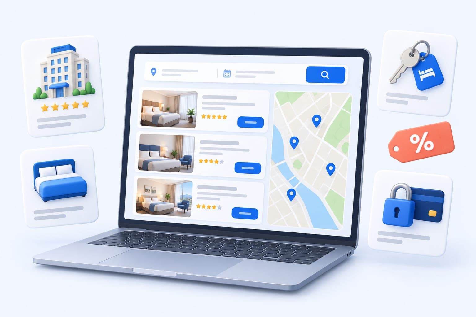 Hotel booking on your own website A hotel booking website on a laptop with hotel results, a map and room cards