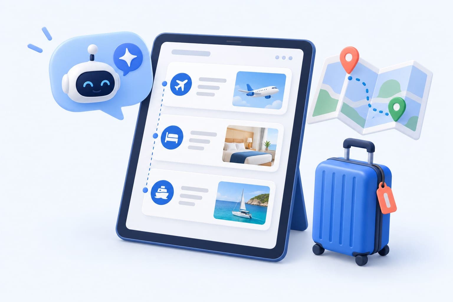A travel advisor website A travel advisor website with a trip plan of flights, hotels and activities on a tablet