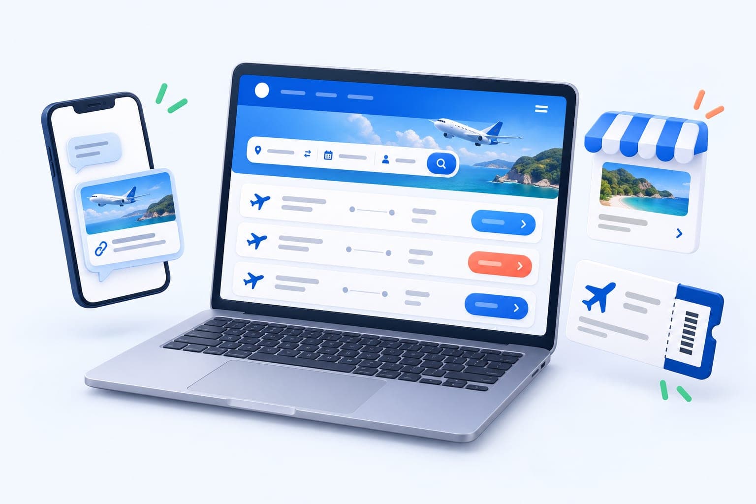 A travel agent website A travel agent website with flight results, a shared booking link and an e-ticket