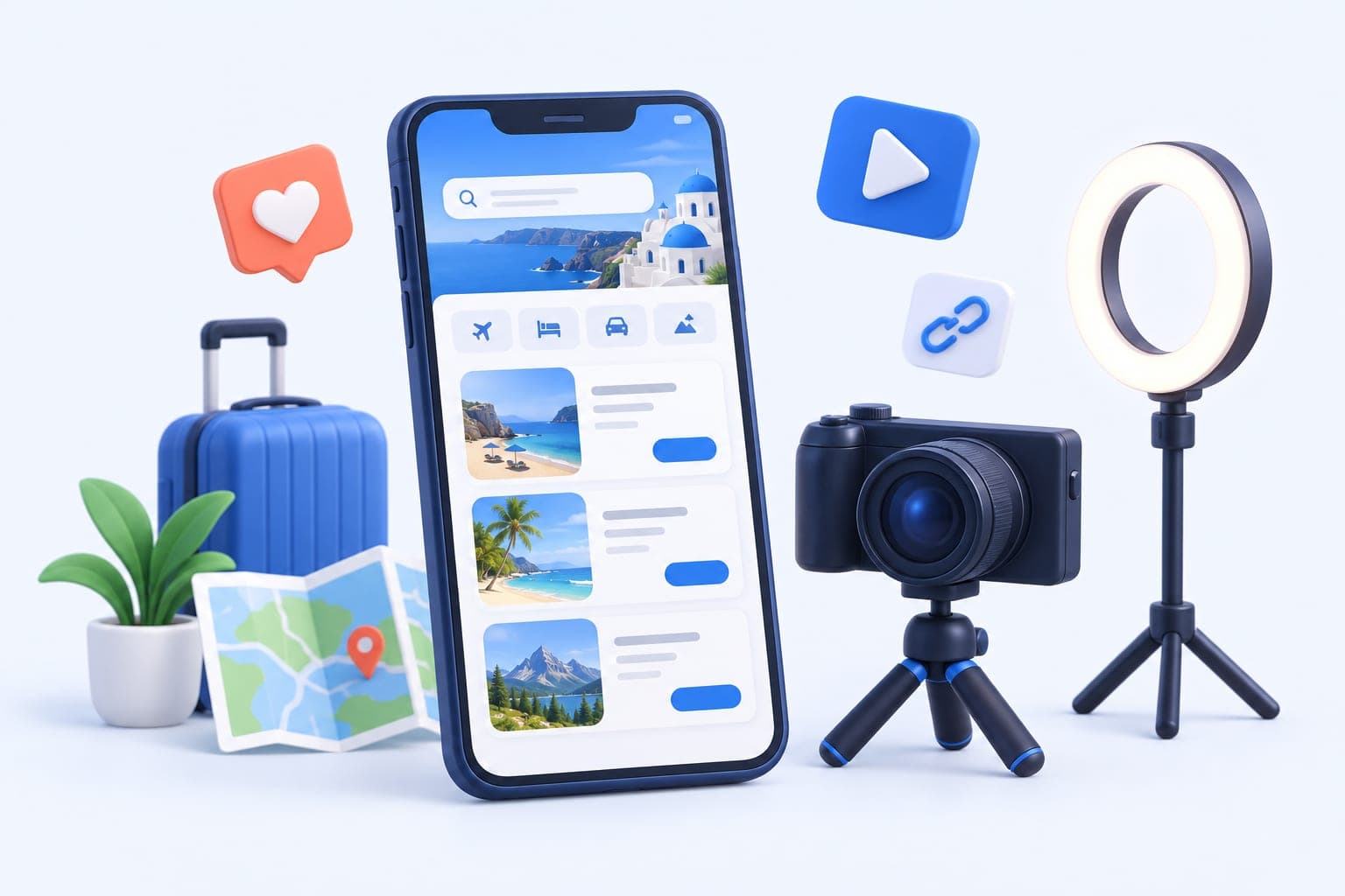 A creator booking site A travel influencer booking website on a phone beside a camera and a ring light